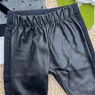 Conj. Camisa com Colete de Ursinho e Calça Legging Couro Ecológico - Branco e Preto